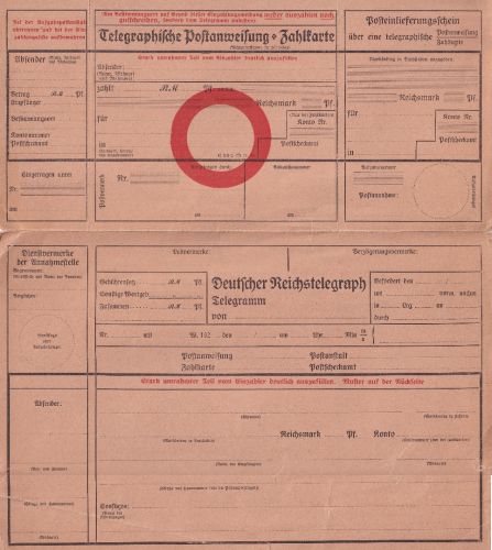 DR - Telegraphische Postanweisung Zahlkarte + Telegramm Formular ca. 1930
