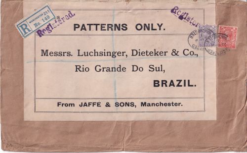 England - 3+2 P. George V. Einschreiben-Muster ohne Wert n. BRASILIEN 1913