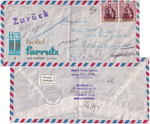 Spanien - 2x3,50 Pta. Jungfrau Maria Luftpostbrief Can Picafort - Hamburg 1970