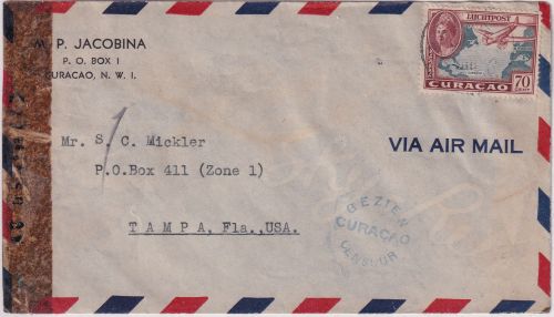 Curacao - 70 C. Flugpostausgabe Luftpost-Zensurbrief n. Tampa/USA ca. 1943