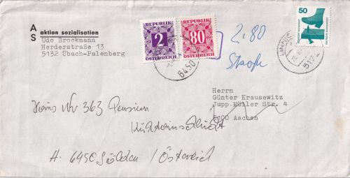 BRD - 50 Pfg. UV Brief Linnich - Aachen 1977 Weiterleitung ÖSTRREICH Nachporto