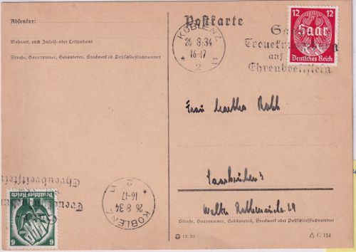 DR - 6+12 Pfg. Saarabstimmung Karte/FDC (!!) Masch.SST Koblenz 26.8.34