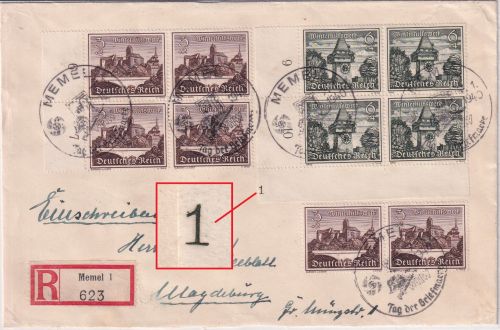 DR - 6 Pfg. WHW/Bauwerke 4er-Block/Eckrand m. FORMNUMMER Einschreibebrief 1940