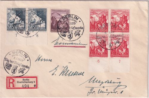 DR - 8 Pfg. WHW/Ostmark 4er-Block u.a. Einschreibebrief SST Berlin 1939