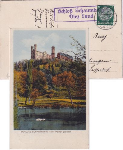 DR - Schloss Schaumburg Diez Land Landpost-Ra2 Karte n. Ratingen 1933