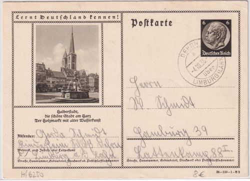 DR - Dehrn ü. Limburg Poststelle I 6 Pfg. Bildganzsache (Bild: Halberstadt) 1938