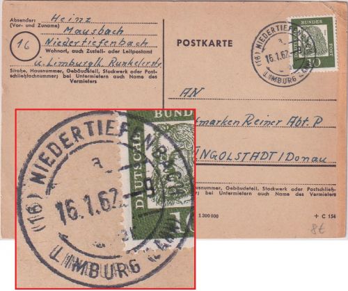 BRD - (16) Niedertiefenbach ü. Limburg Poststelle I Karte n. Ingolstadt 1962
