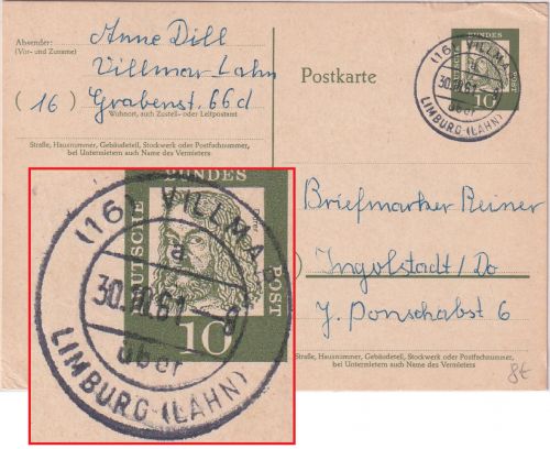 BRD - (16) Villmar ü. Limburg Poststelle I Karte n. Ingolstadt 1961