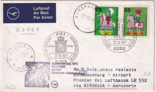 BRD - Diez 1971 SST Kgl. Besuch Zuleitungspost LH-Erstflug Kinshasa Johannesburg