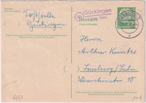 BRD - (22b) Gückingen ü Diez Landpost-L2 10 Pfg. Ganzsache/A-Teil n Limburg 1959