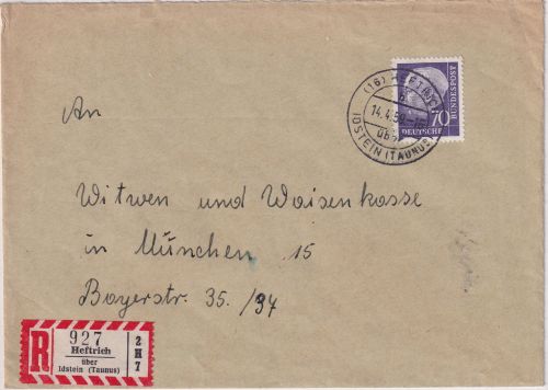 BRD - Heftrich ü. Idtsein (Taunus) Poststelle I Einschreibebrief n. München 1959