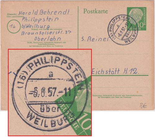 BRD - (16) Philippstein ü. Weilburg Poststelle I Ganzsache n. Eichstätt 1957