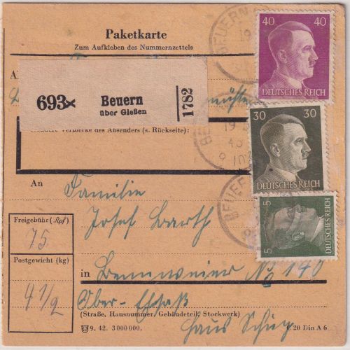 DR - Beuern (ü. Gießen) 19/5 43 alter kl. K1 Paketkarte ins Ober-Elsaß