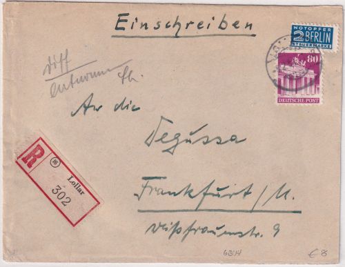 Bizone - 80 Pfg. Bauten Einschreibebrief Lollar - Frankfurt a/M. 1951