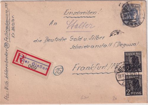 All.Bes. - Gießen Land 1947 R-Zettel "über Gießen" Einschreibebrief n. Frankfurt