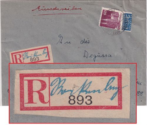 Bizone - Reckenbach ü. Butzbach Poststelle I Einschreibebrief n. Frankfurt 1949