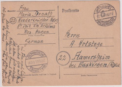 Brit. Zone - 6 Pfg. Behelfsganzsache Waldniel 29.11.45/17.1.46 n. Flamersheim