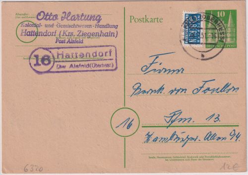 BRD - (16) Hattendorf ü. Alsfeld Landpost-Ra2 Ganzsache n. Frankfurt a/M 1951
