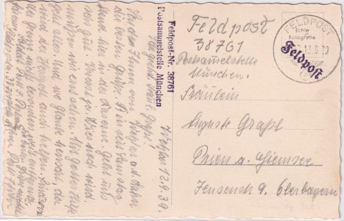 DR - Fp.Nr. 38761 Postsammelstelle München L2 Feldpostkarte v. Wetzlar 13.9.39