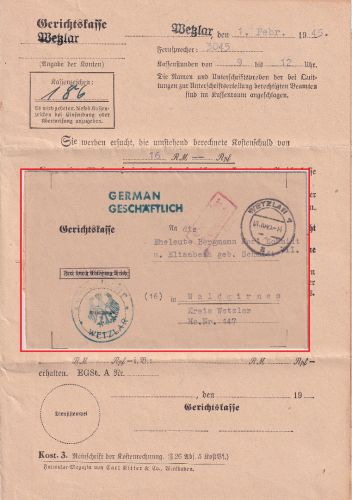 All.Bes. - Wetzlar 1.10.45 Gebühr bezahlt Brief v. 1.2.45 (!) n. Waldgirmes