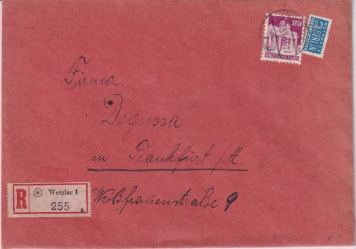 Bizone - 80 Pfg. Bauten Einschreibebrief Wetzlar - Frankfurt a/M. 1951