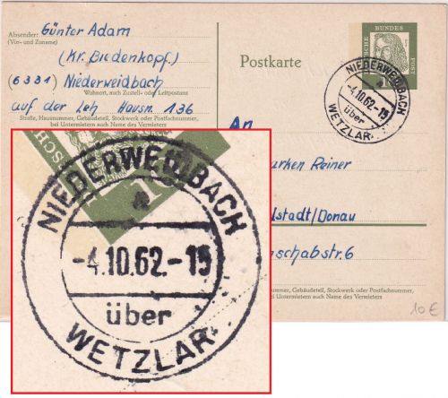 BRD - Niederweidbach ü. Wetzlar Poststelle I Ganzsache n. Ingolstadt 1962