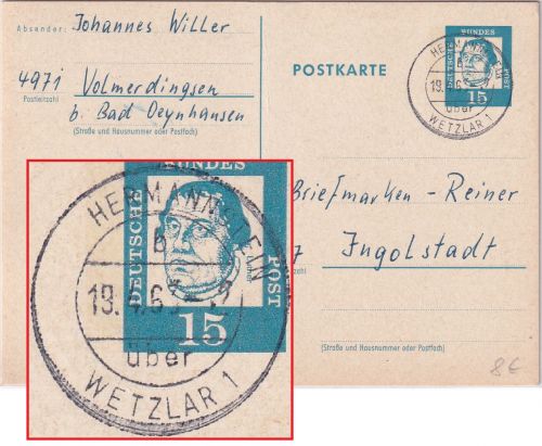 BRD - Hermannstein ü. Wetzlar apt. Poststelle I Ganzsache n. Ingolstadt 1963