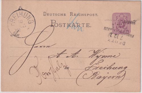 DR - Deutz 7/12 Frankfurt a/M Bahnpost-L3 hds. Aufgabe Sinn Ganzsache 1879