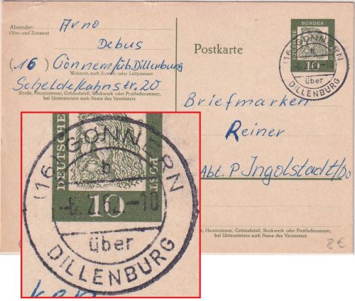 BRD - (16) Gönnern ü. Dillenburg Poststelle I Ganzsache n. Ingolstadt 1962
