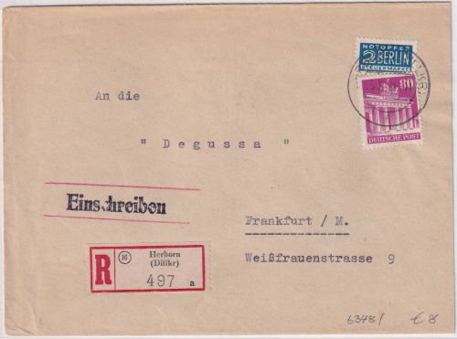 Bizone - 80 Pfg. Bauten Einschreibebrief Herborn (Dillkr) - Frankfurt a/M 1952