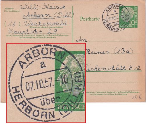 BRD - Arborn ü. Herborn (Dillkr) Poststelle I Ganzsache n. Eichstätt 1957