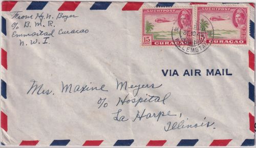 Curacao - 2x15 C. Flugpost Luftpostbrief n. USA Wilhelmstad - La Harpe 1945