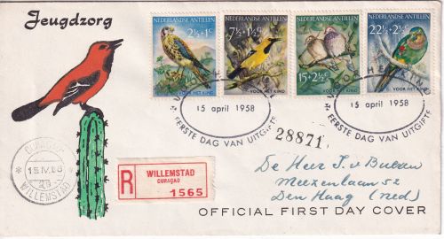 Niederl. Antillen - Voor het Kind/Vögel Schmuck-FDC/R-Brief ESST Willemstad 1958