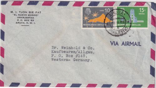 Niederl. Antillen - 10+15 C. Freimarken Luftpostbrief Aruba - Kaufbeuren 1962