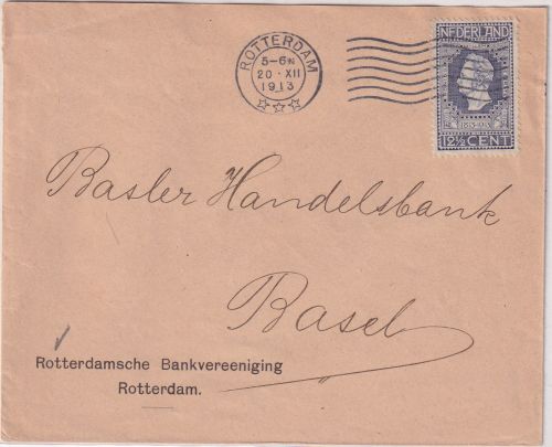 Niederlande - 12 1/2 C. Unabhängigkeit Brief i.d. SCHWEIZ Rotterdam - Basel 1913
