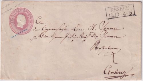 Preussen - 1 Sgr. Ganzsache Ra2 Geseke 15/10 n. Arnsberg