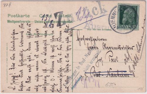 Bayern - Münnerstadt 1912 Karte n. Bad Nauheim - div. Retourvermerke/-stempel