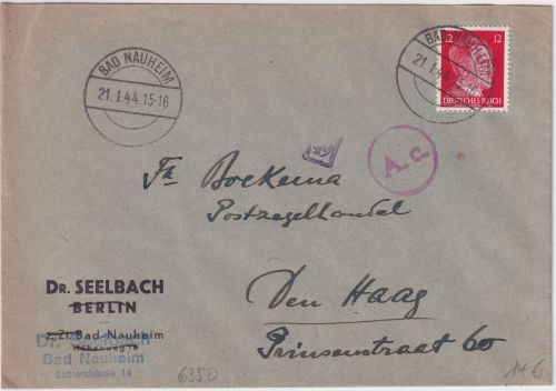 DR - 12 Pfg. AH Brief/Europatraif n. HOLLAND Bad Nauheim - Den Haag 1944