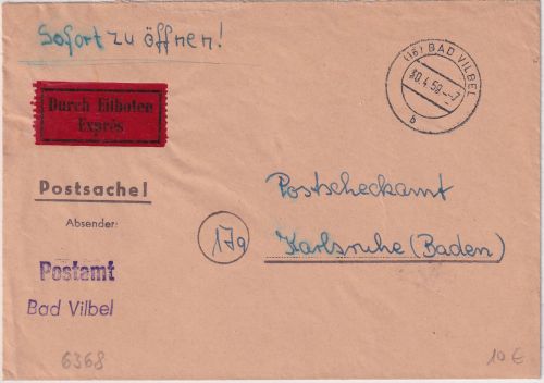 BRD - Bad Vilbel 1959 portofreie Postsache-Eilboten n. Karlsruhe