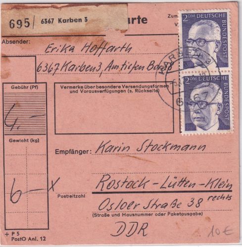 BRD - 2x2 DM Heinemann Paketkarte Karben - Rostock/DDR 1972
