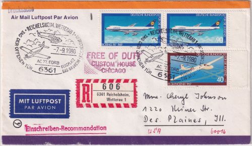 BRD - Reichelsheim Flugplatz 1980 SST Tag d offenen Tür Einschreibebrief n. USA