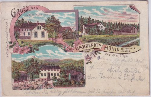 Hessen - Homburg i. Taunus Hardert's Mühle Mehrbild-Farblitho gelaufen 1903