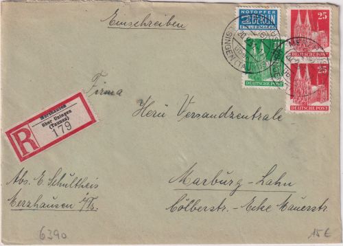 Bizone - Merzhausen ü. Usingen (Taunus) Poststelle I Einschreibebrief 1951