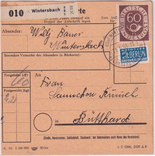 BRD - 60 Pfg. Posthorn Paketkarte (13a) Wintersbach ü. Obernburg Postst. I 1953