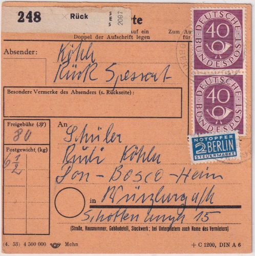 BRD - 2x40 Pfg. Posthorn Paketkarte Rück ü. Obernburg Poststelle I 1953