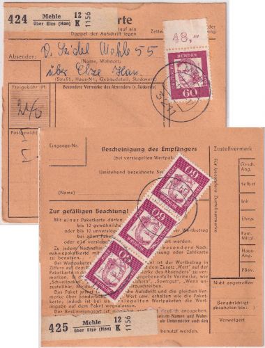 BRD - 60 Pfg. Bed. Deutsche OBERRAND Paketkarte (2 Pakete) Mehle ü. Elze 1962