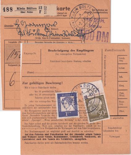 BRD - 50 Pfg. Heuss II OBERRAND u.a. Paketkarte Klein Bülten ü. Peine 1962
