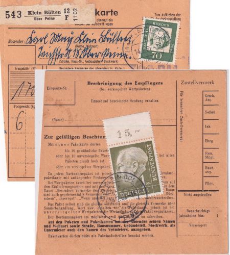 BRD - 1 M. Heuss OBERRAND u.a. Paketkarte Klein Bülten ü. Peine - Nauen/DDR 1962