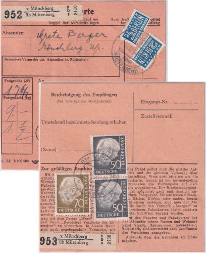 BRD - 2x50+70 Pfg. Heuss I + 2 Notopfer Paketkarte Mönchberg ü. Miltenberg 1954