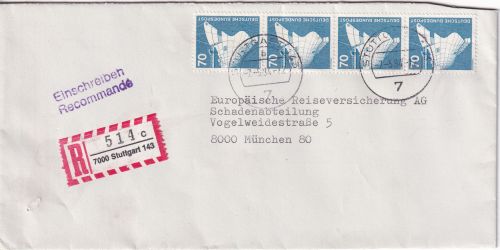 BRD - 4x70 Pfg. I&T Einschreibebrief (1. Gew.stufe) Stuttgart - München 1984